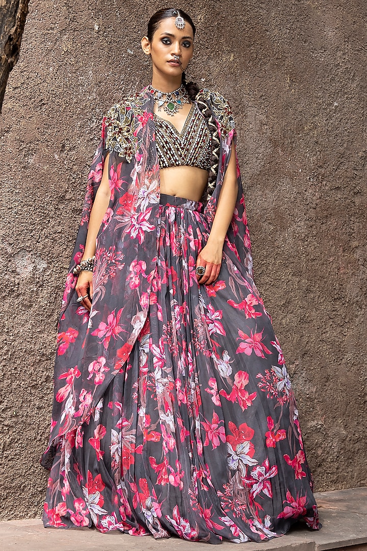 Iris Pink Organza & Dola Silk Printed Jacket Lehenga Set by Seeaash