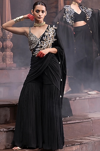 Black Crepe & Dola Silk Metal Sequins Embroidered Pre-Draped Sharara Saree Set by Seeaash