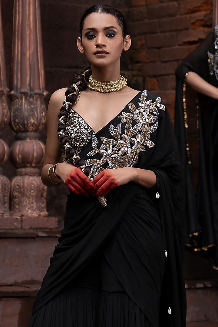 Black Crepe & Dola Silk Metal Sequins Embroidered Pre-Draped Sharara Wedding Saree Set by Seeaash at Pernia's Pop Up Shop