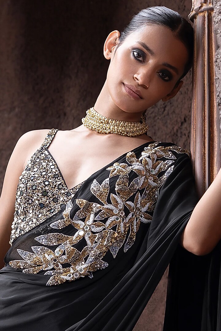 Black Crepe & Dola Silk Metal Sequins Embroidered Pre-Draped Sharara Wedding Saree Set by Seeaash at Pernia's Pop Up Shop