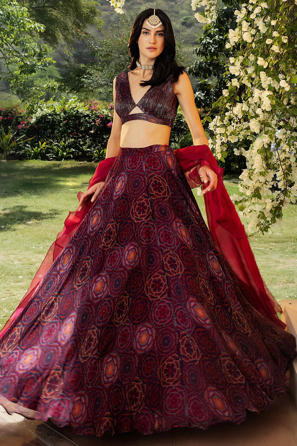 Burgundy Organza Printed Lehenga Set by Seeaash