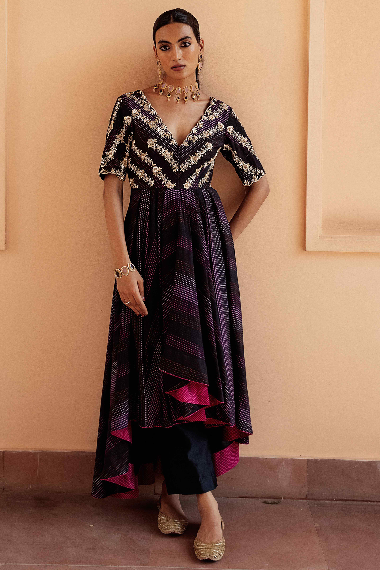 Coal Black Dupion Silk Anarkali Set by Seeaash