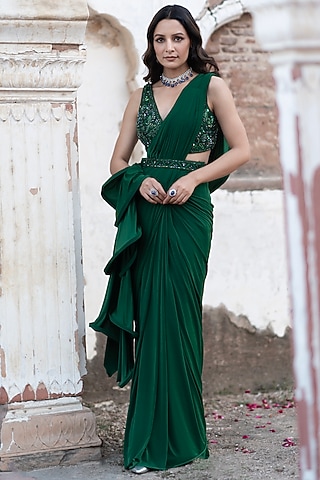 Emerald Green Lycra & Net Saree Set by Seeaash