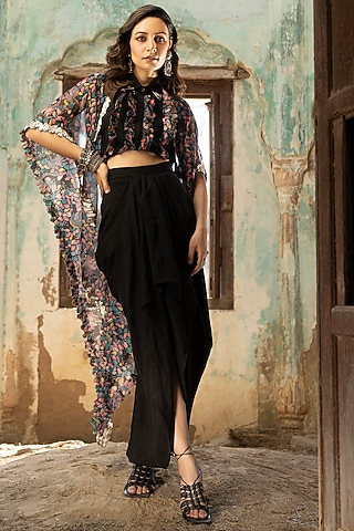 Black Flat Chiffon & Organza Printed Cape Set by Seeaash