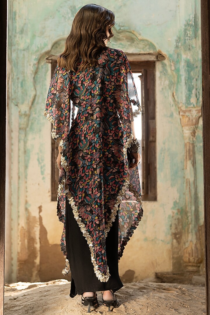 Black Flat Chiffon & Organza Printed Cape Set by Seeaash at Pernia's Pop Up Shop