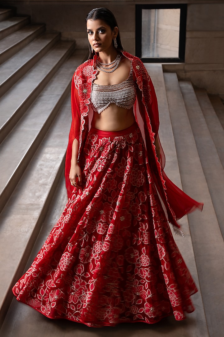 Crimson Red Organza Sequins Embroidered Wedding Lehenga Set  by Seeaash at Pernia's Pop Up Shop