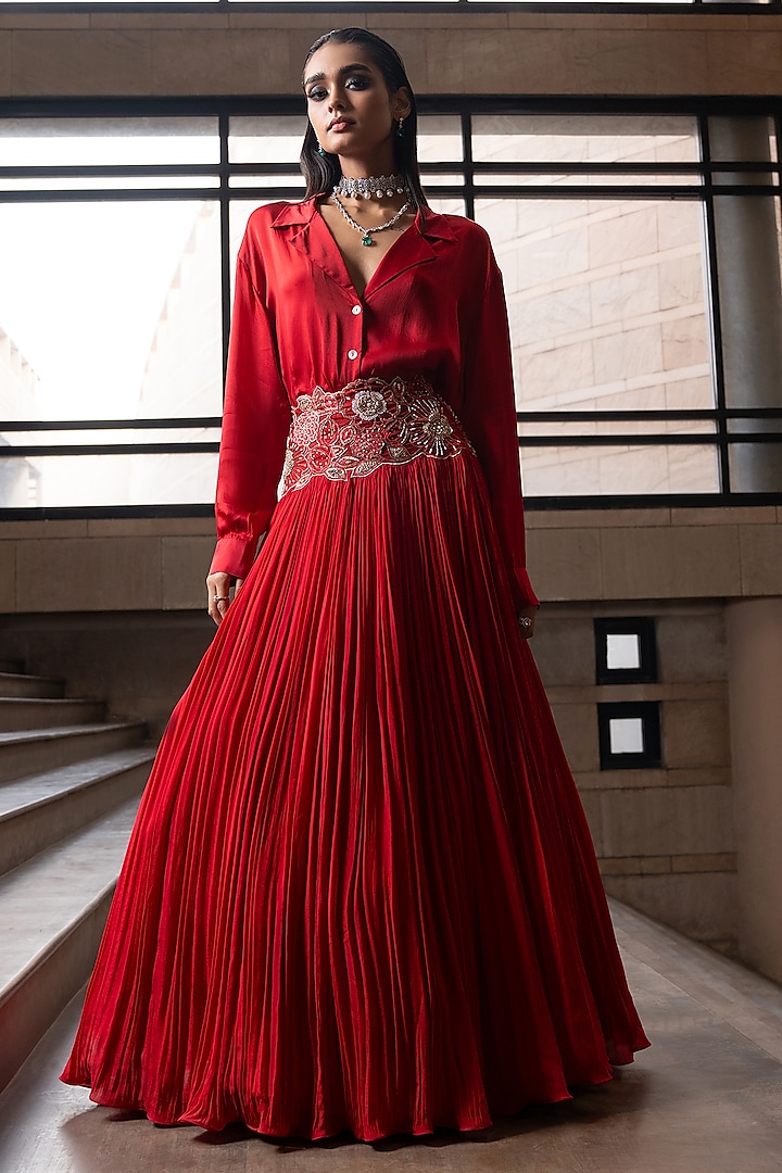 Crimson Red Crepe Sequins Embroidered Lehenga Set  by Seeaash