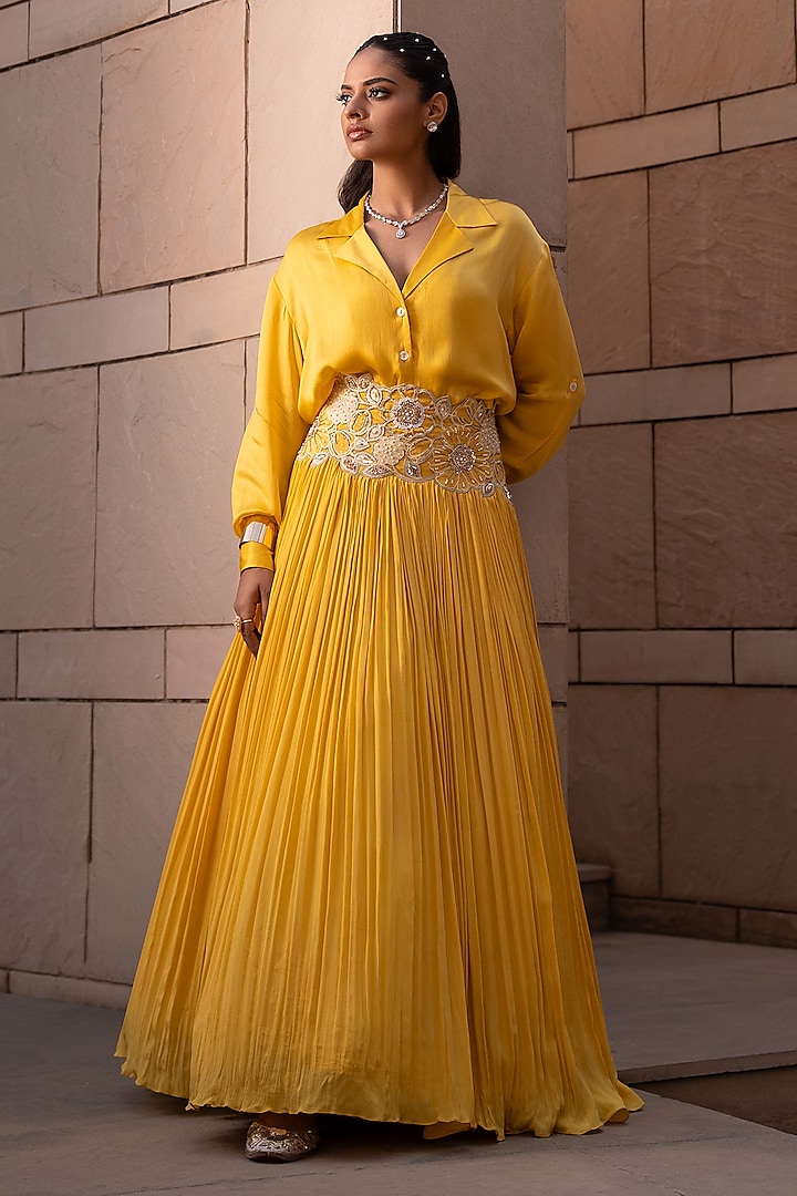 Honey Yellow Crepe Sequins Embroidered Wedding Lehenga Set  by Seeaash at Pernia's Pop Up Shop