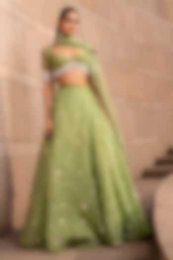 Sage Green Organza Pearl Embroidered Wedding Lehenga Set by Seeaash at Pernia's Pop Up Shop