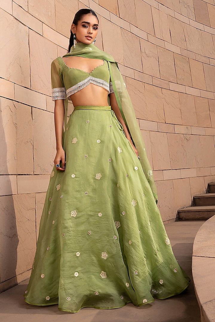 Sage Green Organza Pearl Embroidered Wedding Lehenga Set by Seeaash at Pernia's Pop Up Shop