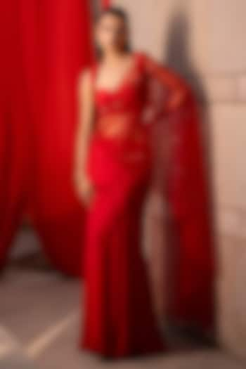 Crimson Red Crepe & Net Crystal Embellished Pre-Draped Saree Set by Seeaash at Pernia's Pop Up Shop