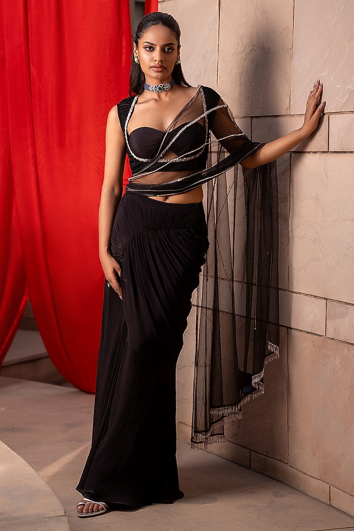 Coal Black Crepe & Net Crystal Embellished Pre-Draped Wedding Saree Set by Seeaash at Pernia's Pop Up Shop