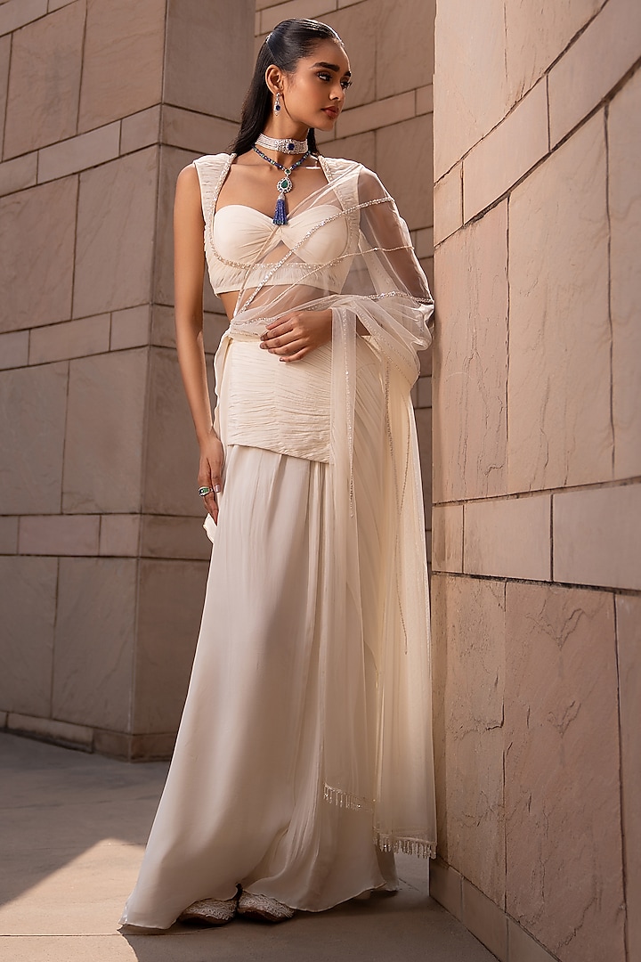 Ivory White Crepe & Net Sequins Embellished Pre-Draped Saree Set by Seeaash at Pernia's Pop Up Shop