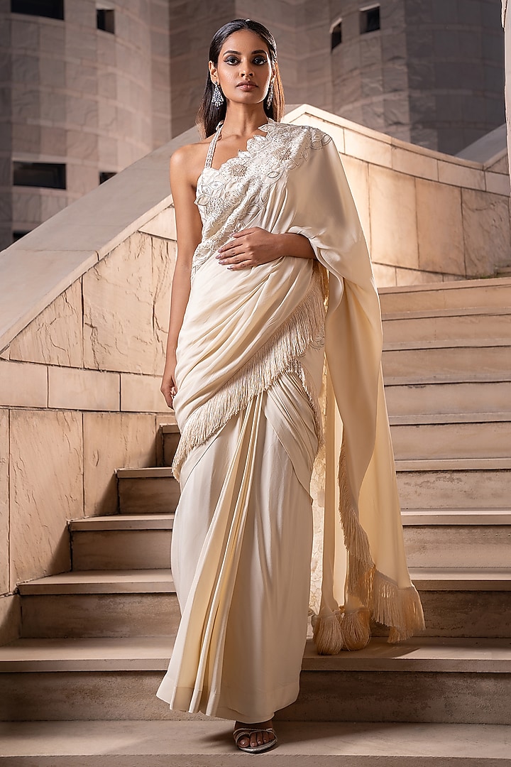 Ivory White Crepe Sequins Embroidered Pre-Draped Saree Set by Seeaash at Pernia's Pop Up Shop