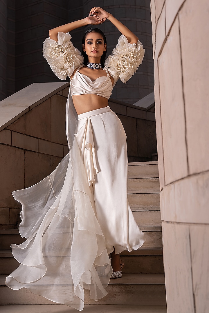 Ivory White Bamberg Satin Draped Skirt Set by Seeaash at Pernia's Pop Up Shop