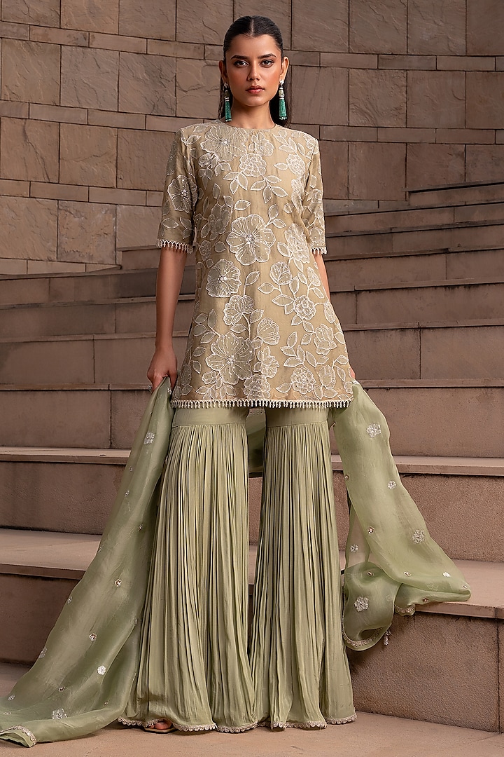 Sage Green Crepe Gharara Set by Seeaash at Pernia's Pop Up Shop