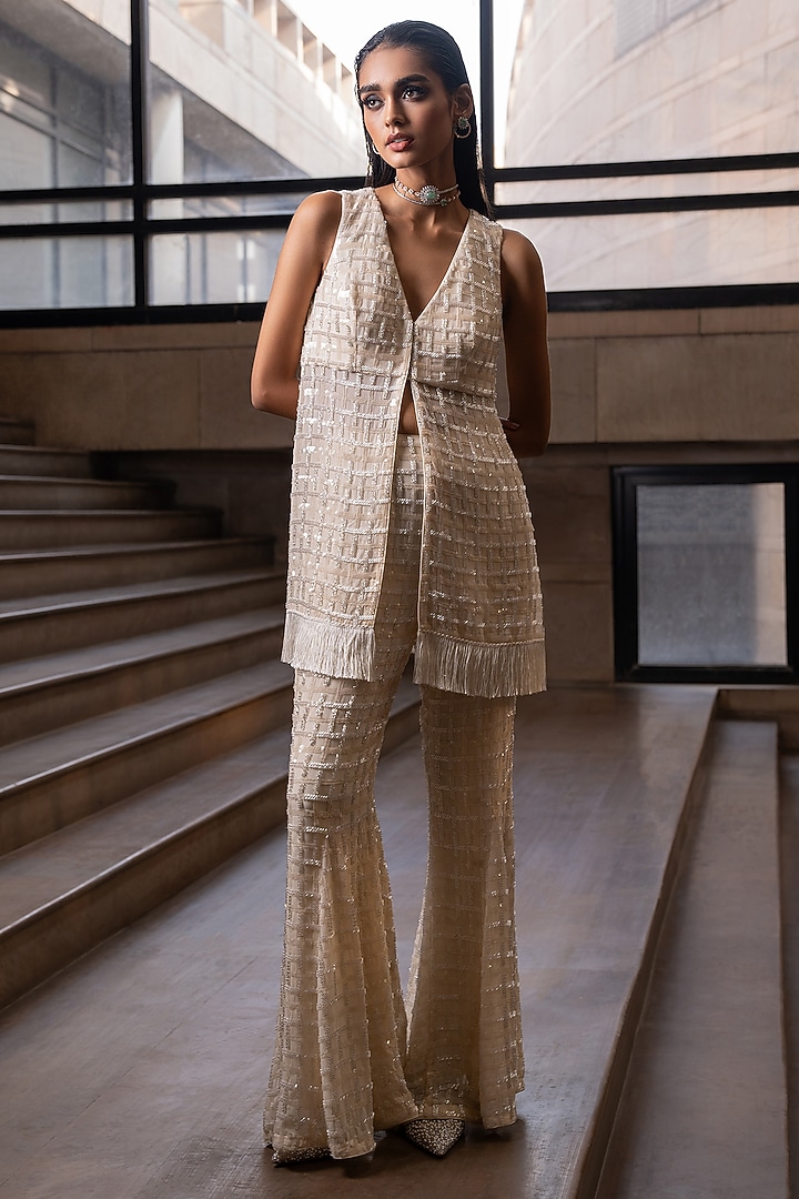Ivory Georgette Sequins Embroidered Tunic Set by Seeaash at Pernia's Pop Up Shop