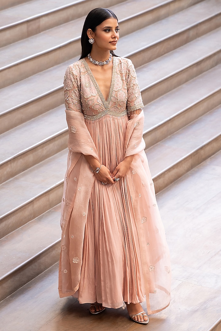 Blush Pink Organza & Crepe Sequins Hand Embroidered Anarkali Set by Seeaash at Pernia's Pop Up Shop