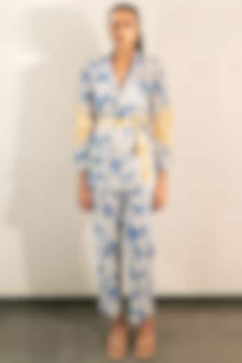 Blue & Yellow Floral Printed Pant Set by Seeaash at Pernia's Pop Up Shop