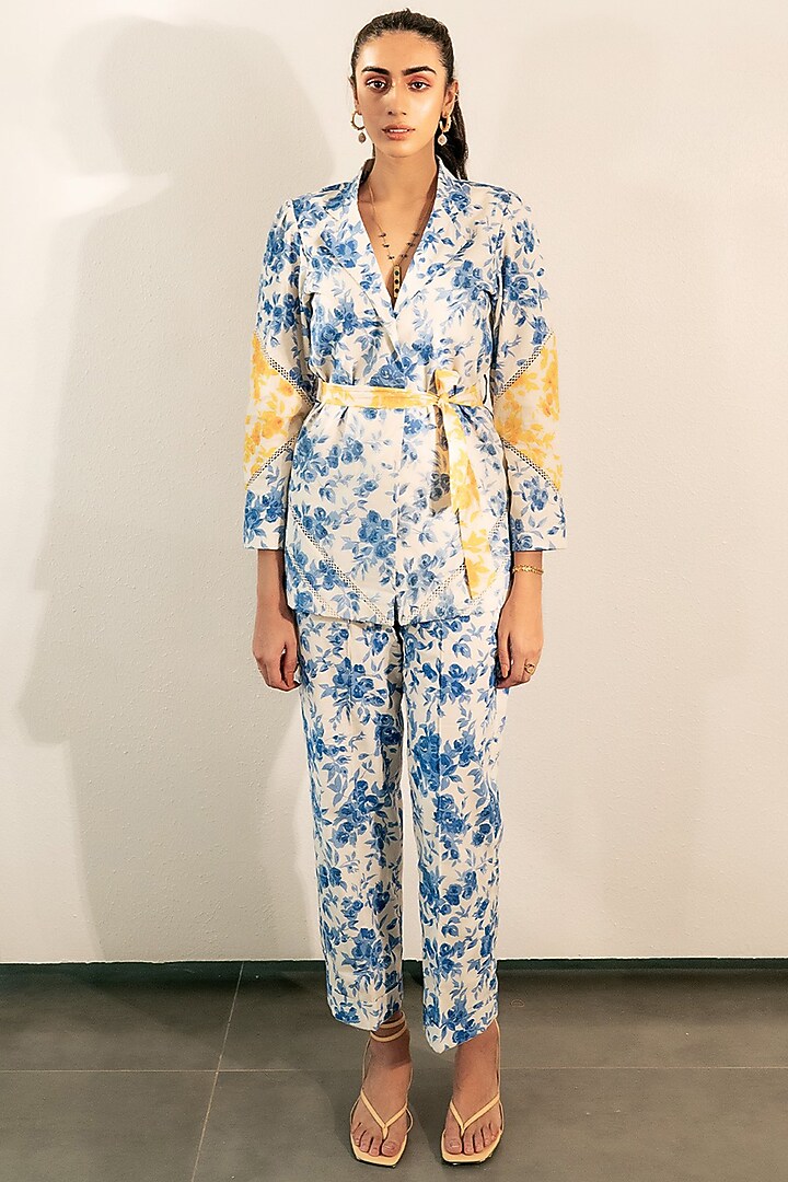 Blue & Yellow Floral Printed Pant Set by Seeaash at Pernia's Pop Up Shop