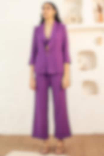 Plum Purple Linen Broad Cropped Pant Set by Seeaash