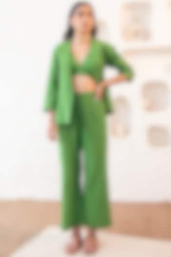 Leaf Green Broad Cropped Pant Set In Linen by Seeaash