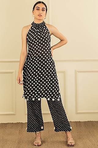 Coal Black Printed Halter-Neck Kurta Set by Seeaash