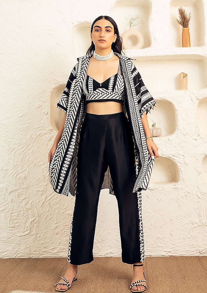 Coal Black Straight Pant Set In Cotton Jacquard by Seeaash