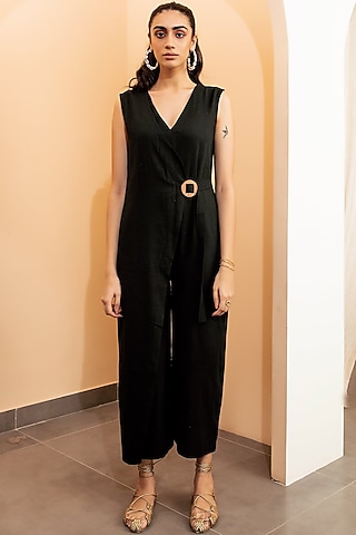 Coal Black Linen Cropped Jumpsuit by Seeaash