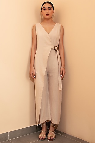 Sand Beige Linen Cropped Jumpsuit by Seeaash