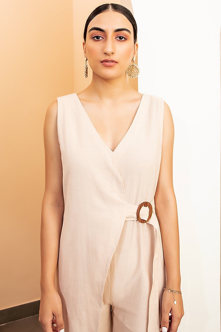 Sand Beige Linen Cropped Jumpsuit by Seeaash at Pernia's Pop Up Shop