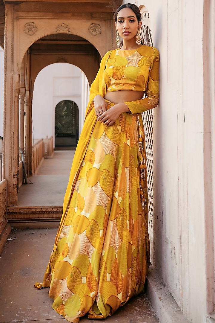 Amber Yellow Khizan Floral Printed Lehenga Set by Seeaash
