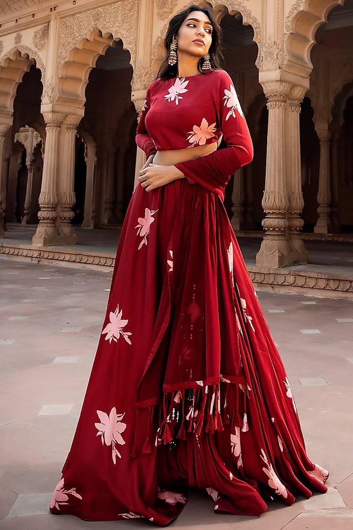 Ruby Red Zahra Floral Printed Lehenga Set by Seeaash