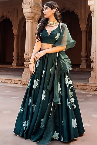 Emerald Green Zahra Floral Printed Lehenga Set by Seeaash