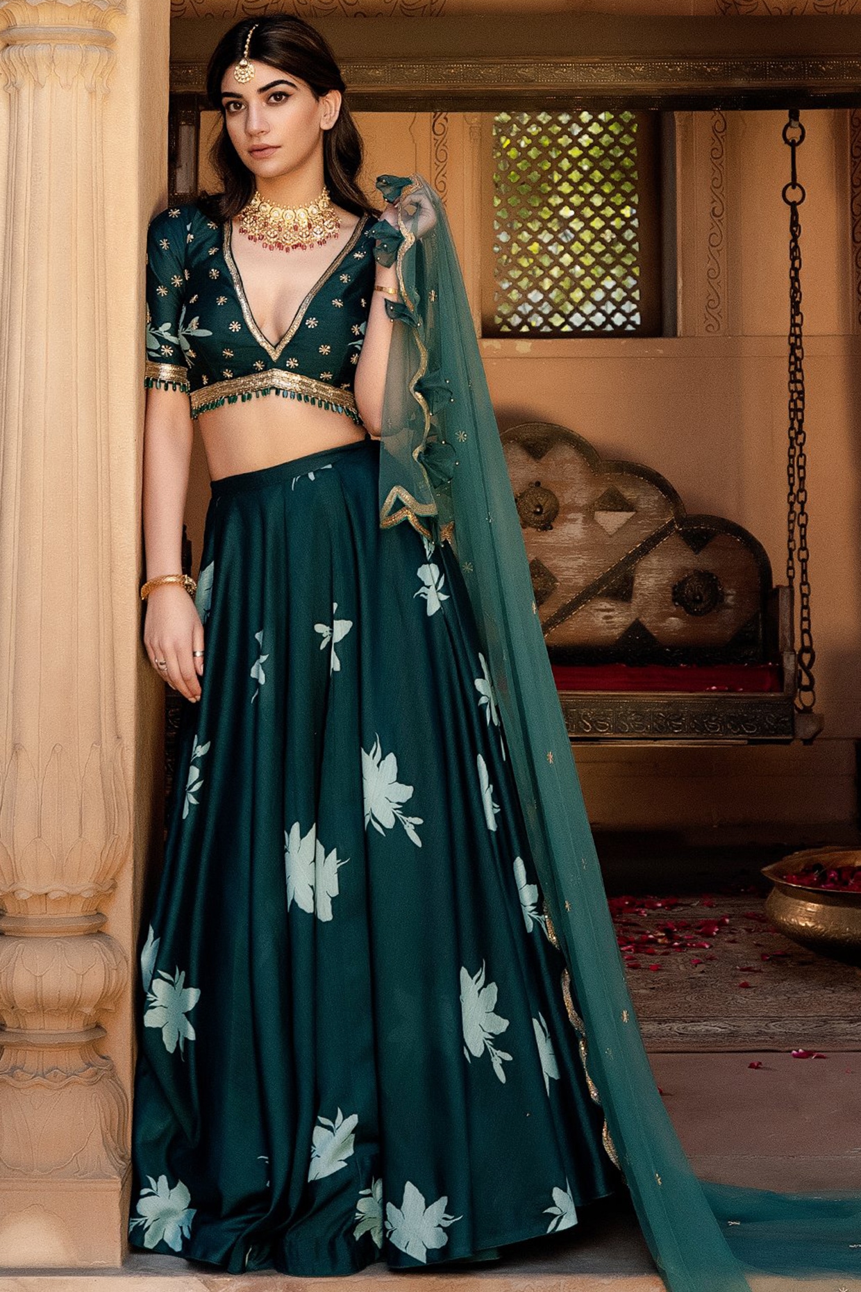 Emerald Green Organza Mirror Embroidered Lehenga Set Design by Angad Singh  at Pernia's Pop Up Shop 2024