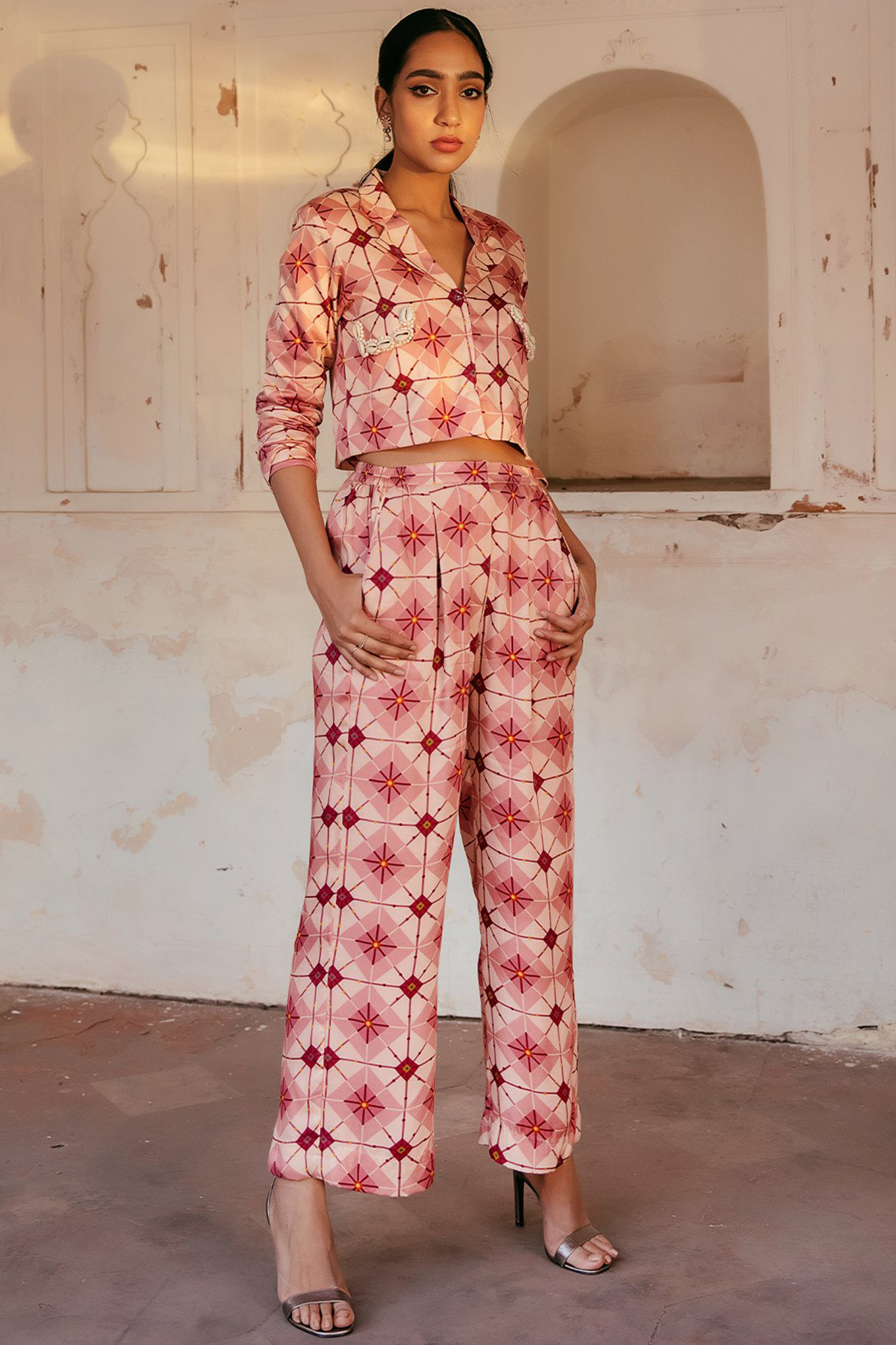 Blush Pink Kaleidoscope Geometric Printed Pant Set by Seeaash