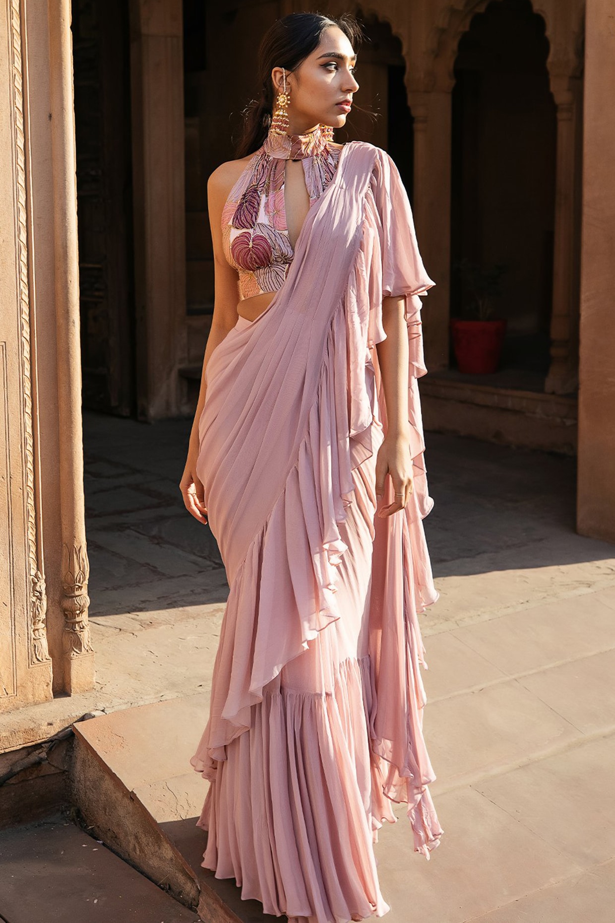 Sorbet Pink Organza Ruffled Pre-Stitched Saree Set Design by Nikita  Vishakha at Pernia's Pop Up Shop 2024