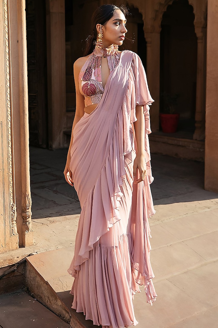 Blush Pink Ruffled Pre-Stitched Saree Set by Seeaash