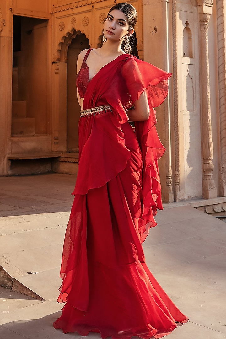 Ruby Red Ruffled Pre-Stitched Saree Set by Seeaash