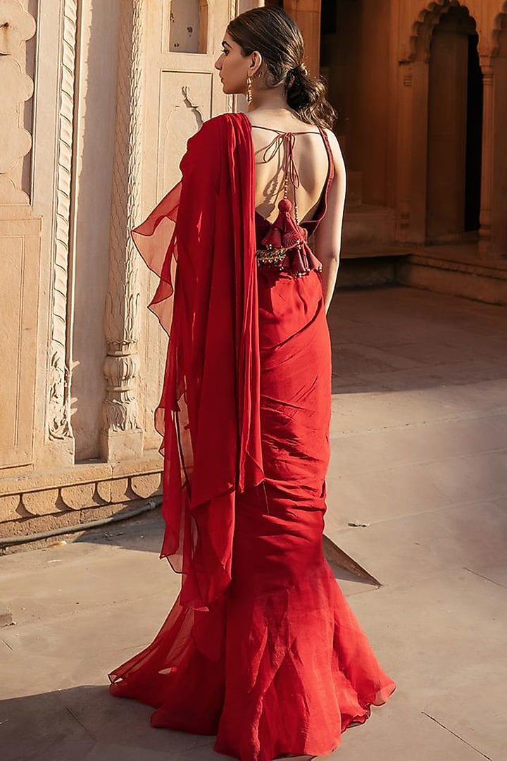 Ruby Red Ruffled Pre-Stitched Party Wear Saree Set by Seeaash at Pernia's Pop Up Shop