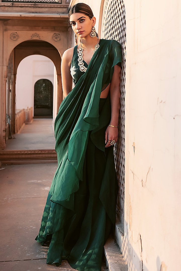 Emerald Green Ruffled Pre-Stitched Saree Set by Seeaash