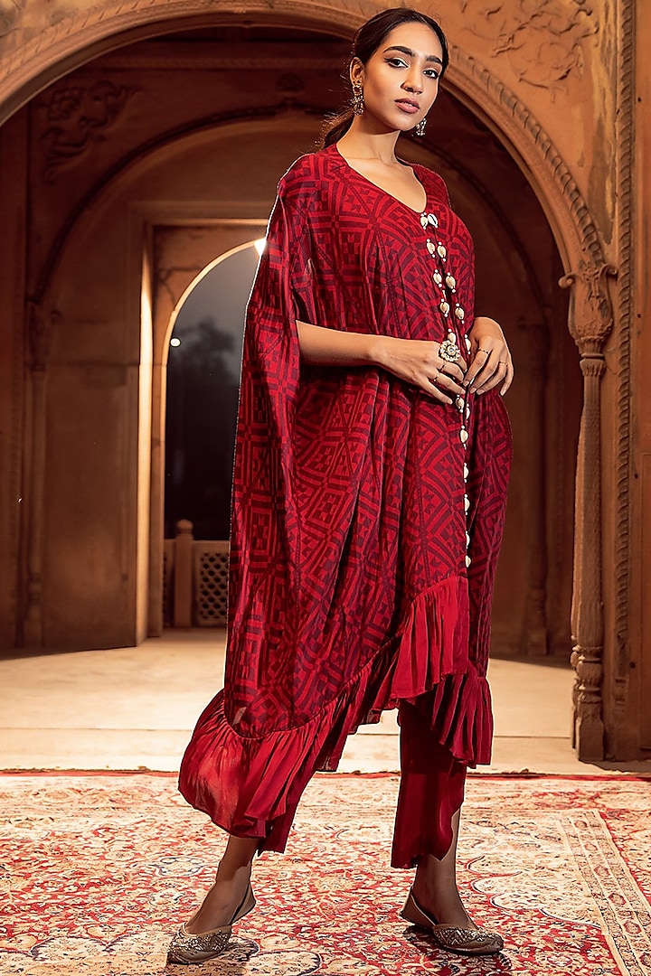 Ruby Red Geometric Printed Ruffled Kaftan Set by Seeaash at Pernia's Pop Up Shop