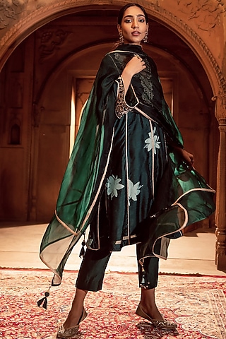Emerald Green Khizan Floral Printed Kurta Set by Seeaash