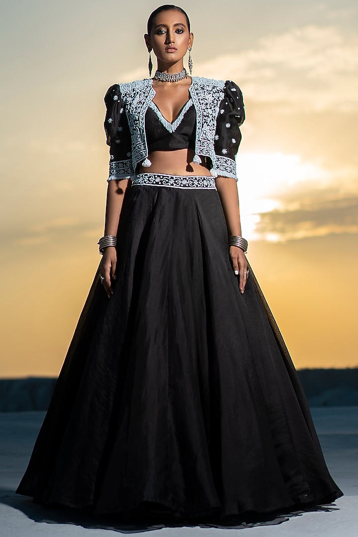 Black & White Embroidered Lehenga Set by Seeaash