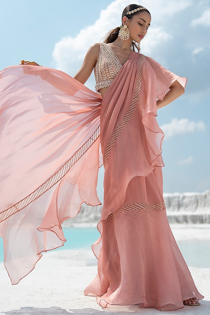 Blush Pink Organza Pre-Draped Saree Set by Seeaash