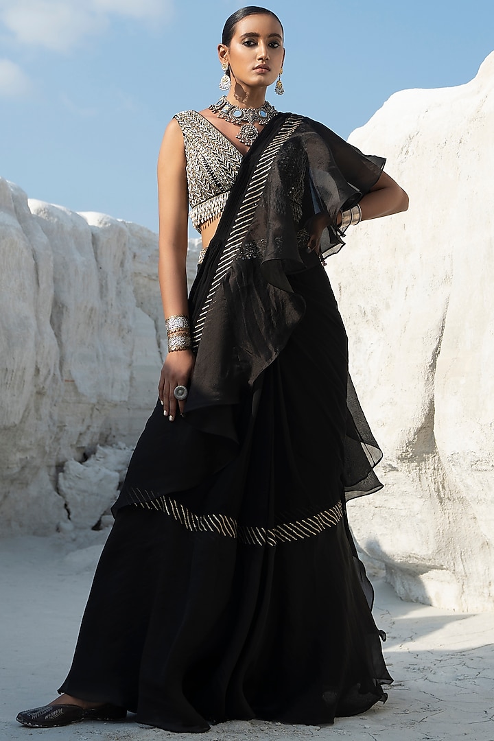 Black Organza Pre-Draped Saree Set by Seeaash at Pernia's Pop Up Shop