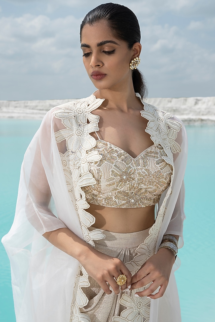 Ivory Floral Embellished Cape Set by Seeaash at Pernia's Pop Up Shop