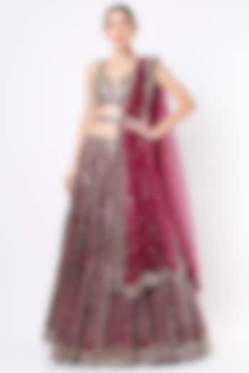 Maroon Embroidered Bridal Lehenga Set by Seema Gujral at Pernia's Pop Up Shop
