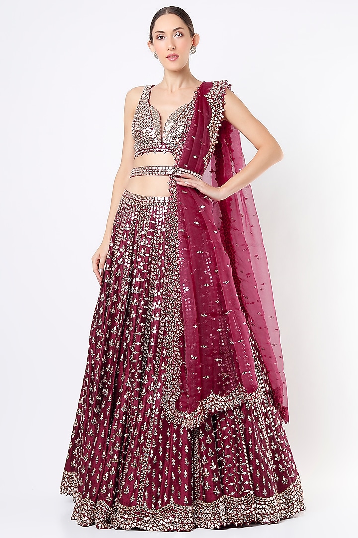 Maroon Embroidered Bridal Lehenga Set by Seema Gujral at Pernia's Pop Up Shop