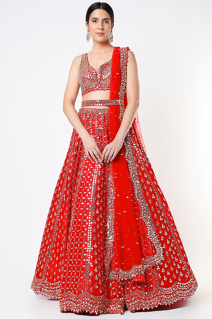 Bright Red Embroidered Lehenga Set Design By Seema Gujral At Pernias Pop Up Shop 2023 8726